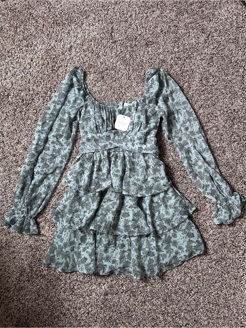 Altar'd State Sage Green Floral Tiered Mini Dress